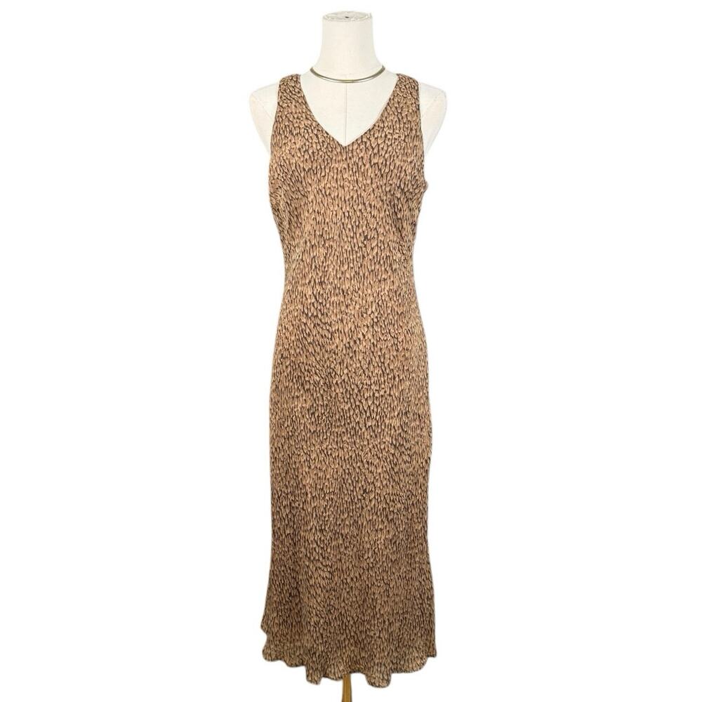 Ann Taylor 100% Silk Midi Dress Size 8 Neutral Print Sleeveless Classic Office - Picture 2 of 10